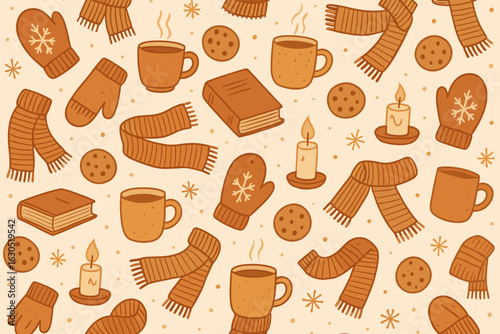 Wallpaper Mural Warm and cozy winter pattern featuring mittens, mugs, scarves, cookies, and candles for a festive atmosphere Torontodigital.ca