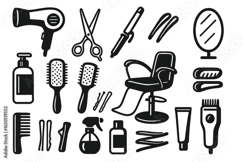 Collection of hairstyling tools and accessories arranged on a white background for beauty and grooming activities