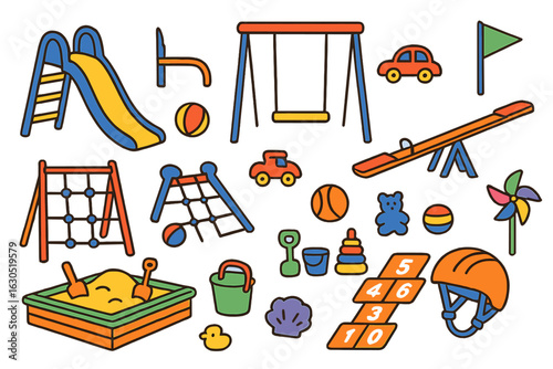 Colorful playground equipment and toys create a fun environment for outdoor playtime activities