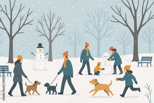 Winter day in the park with families walking dogs and building a snowman