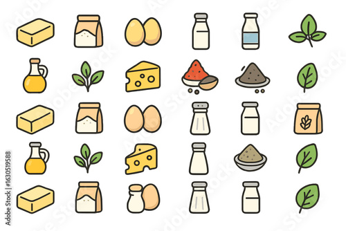 Collection of cooking ingredients arranged in a grid pattern highlighting essential items for preparing meals