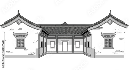 Monochrome illustration of a traditional Chinese courtyard house with tiled roof and symmetrical design.