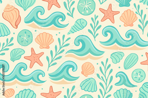 Colorful ocean-themed patterns featuring shells, waves, and starfish create a vibrant coastal atmosphere