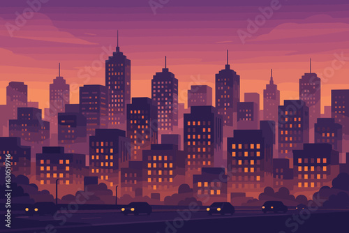 City skyline at dusk with glowing windows and silhouetted buildings under a twilight sky