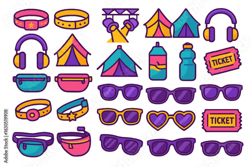 Fun and vibrant festival accessories including tents, sunglasses, and tickets for an exciting outdoor event