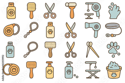 Collection of grooming tools and accessories for pets arranged in an organized pattern