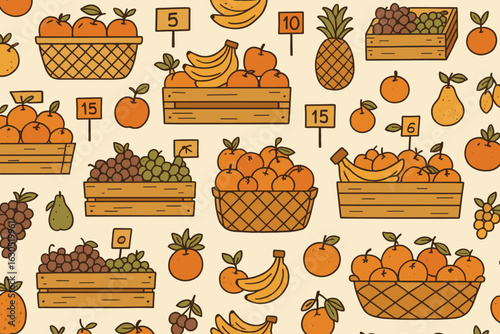 Colorful fruit market illustration featuring various fruits in wooden baskets with price tags displayed