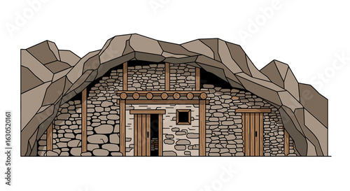 Illustration depicts a stone dwelling integrated into a rocky mountain, featuring wooden doors.