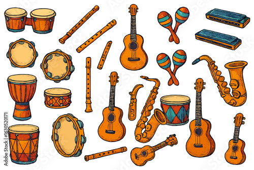 Colorful and diverse musical instruments for creative expression in a vibrant setting