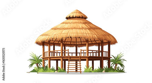 A detailed illustration of a tropical thatched-roof gazebo with wooden supports and steps.