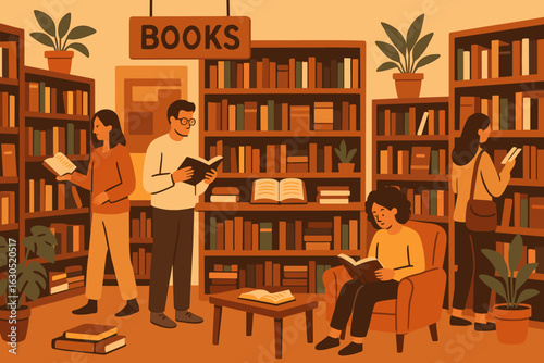 Illustrated Library Scene with People Reading and Browsing Books in a Warm and Cozy Environment