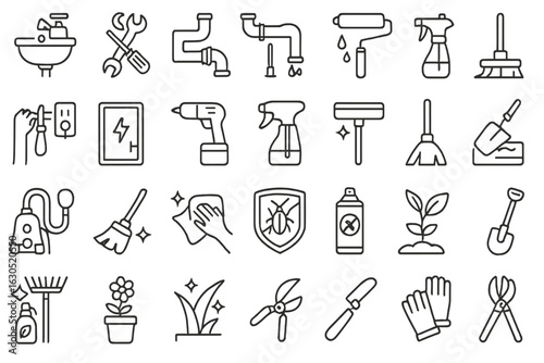 Black Line Icon Set of Plumbing, Cleaning, Gardening, and Pest Control Tools for Home Maintenance