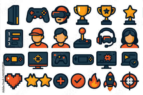 Set of modern gaming icons in orange and navy with soft shadows