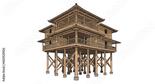 Elevated wooden structure, multi-tiered Asian-style building on stilts.