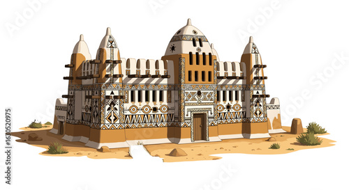 Grand Dogon dwelling in Mali, traditional architecture, intricate design, desert setting.