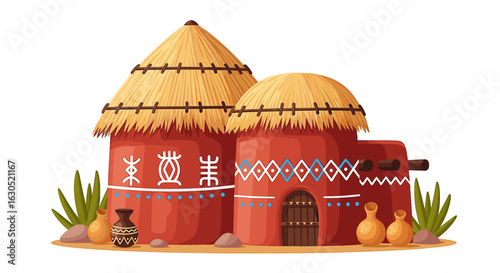 Traditional African mud huts with thatched roofs, decorated with intricate patterns.
