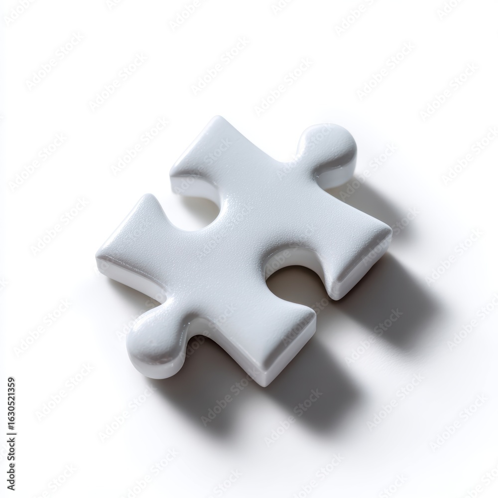 Fototapeta premium A generic white puzzle piece single, blank, isolated on a pure white background. Puzzle, problem-solving.
