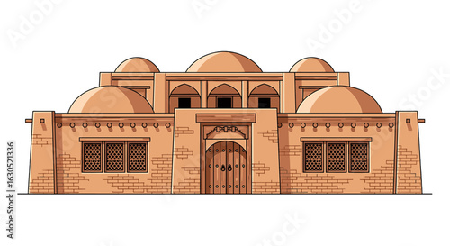A terracotta-colored, traditional Middle Eastern building with multiple domes and arched windows.