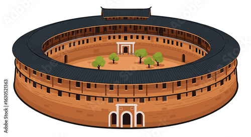 Circular earthen structure, traditional Chinese architecture, courtyard, dwelling, fortified walls,  roof.
