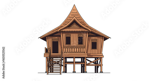 Traditional Southeast Asian stilt house, wooden construction, detailed illustration.