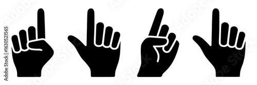 Black and white vector icon set of four hands pointing with index finger. Monochrome simple hand gestures illustration collection for communication, direction, and choosing concepts. Glyph style desig