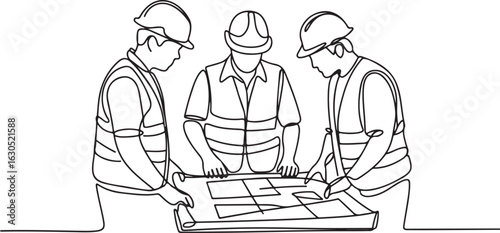 Continuous Line Drawing of Construction Workers Reviewing Blueprint Project