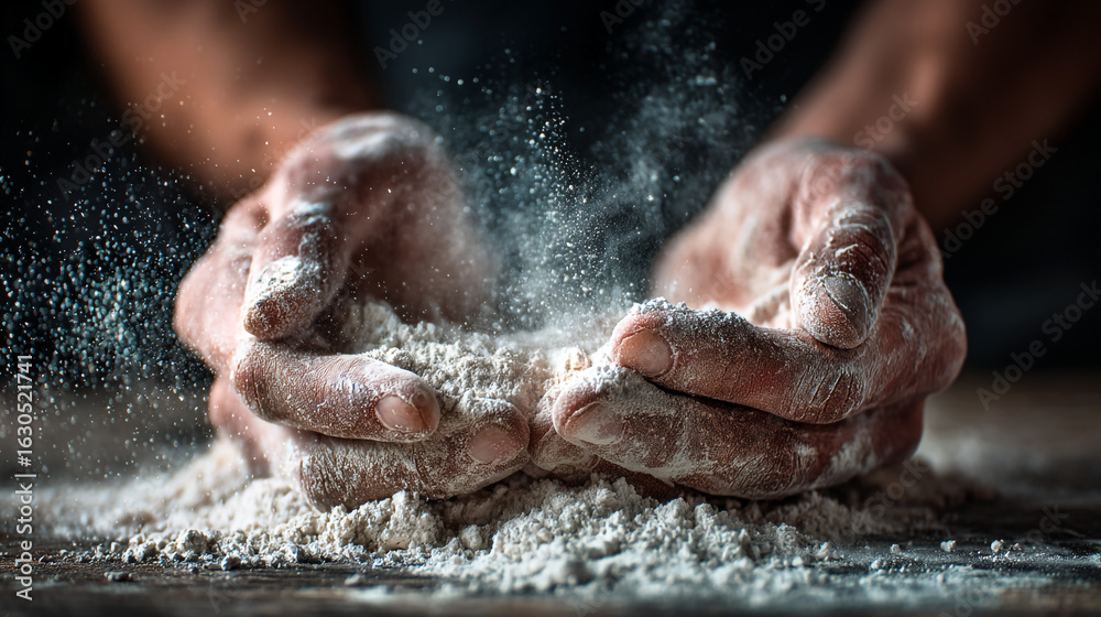 Fototapeta premium A close up of hands holding and sifting a powdery substance with dust particles floating in the air
