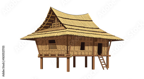 A detailed illustration of a traditional stilt house with a thatched roof.
