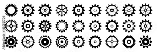 Vector collection of black and white gear icons. Set of various cogwheel shapes, sprockets, and mechanical wheel silhouettes for industrial design, engineering, or steampunk visuals. Monochrome gear i