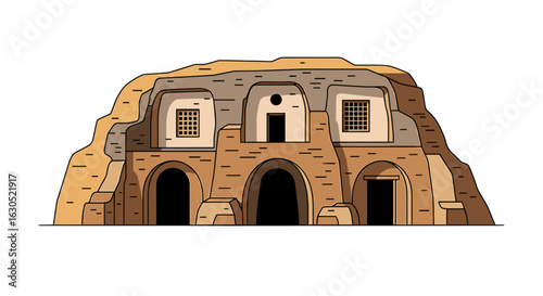 Illustration of a cave dwelling with arched entrances and windows, built into a rocky hillside.