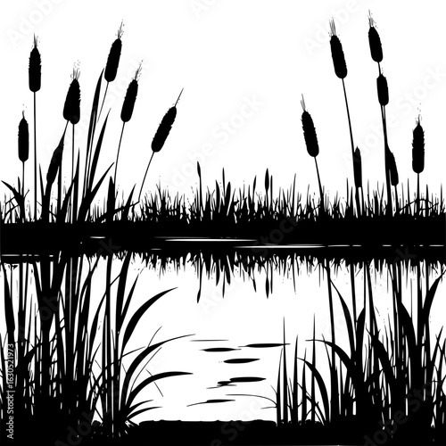 Silhouette of a marsh with cattails and water reflections