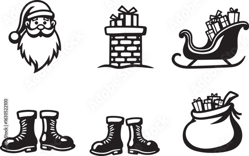Merry Christmas icons Santa chimney sleigh boots gift bag