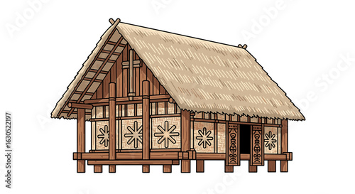 Illustration of a traditional wooden house with a thatched roof and decorative panels, elevated on stilts.