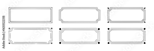 Hand-drawn rectangular frame collection with rounded and notched corners, double lines and decorative circles. Black ink outline illustration on white - vector set of vintage design elements for label