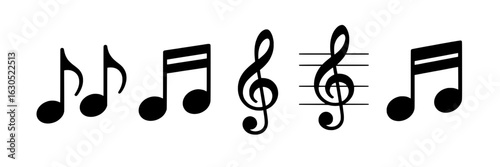 Set of simple black music notes and treble clef symbols on staff. Vector illustration collection of musical notation icons, eighth and quarter note, treble clef, and staff lines. Design elements for m