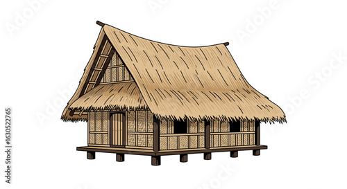 Illustration of a traditional hut with a thatched roof and raised foundation, isolated on white.