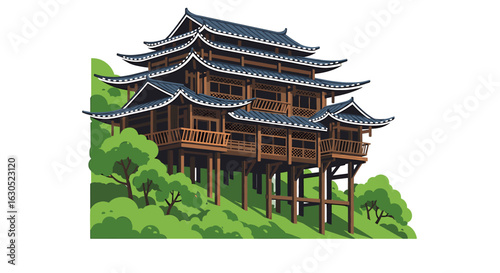 Illustration depicts a traditional multi-tiered wooden building nestled on a hillside.