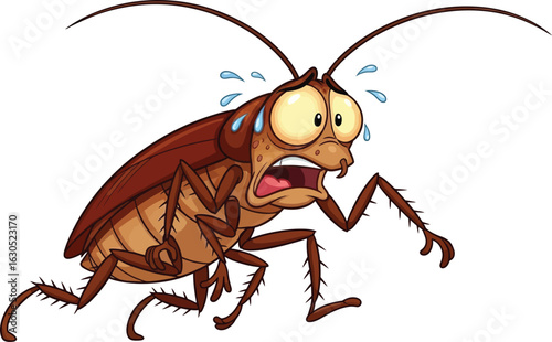 Vector art of scared cartoon cockroach with wide eyes and sweat drops