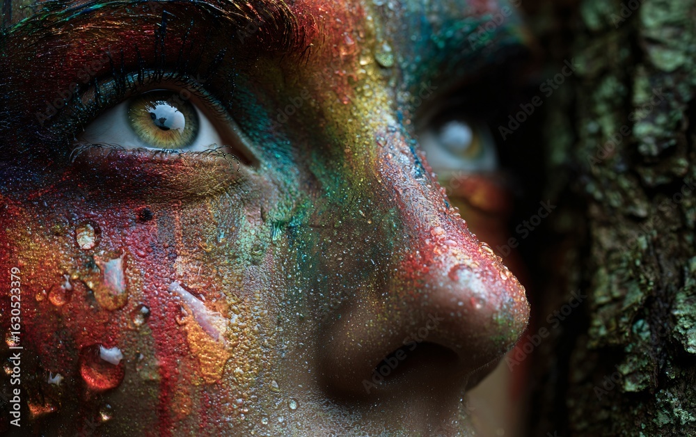 Naklejka premium Close-up of a face painted in rainbow colors, covered with forest debris and water droplets,