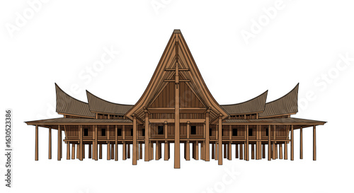 Traditional Indonesian wooden longhouse architectural rendering, elevated structure, intricate roofline.