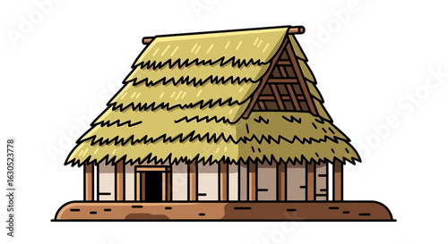 Simple thatched-roof hut illustration, elevated on stilts, showcasing traditional architecture.