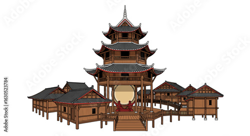 A majestic East Asian temple complex, featuring a multi-tiered pagoda and surrounding buildings, rests on stilts.