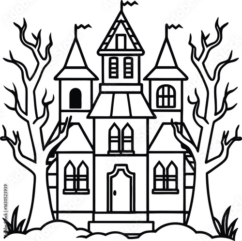 Spooky haunted mansion with bare trees and flags on towers line art vector illustration eps