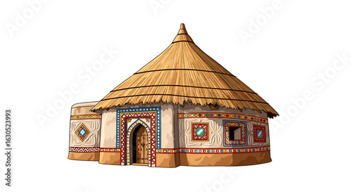 An illustration of a traditional African hut with a thatched roof, decorated walls, and an arched doorway.