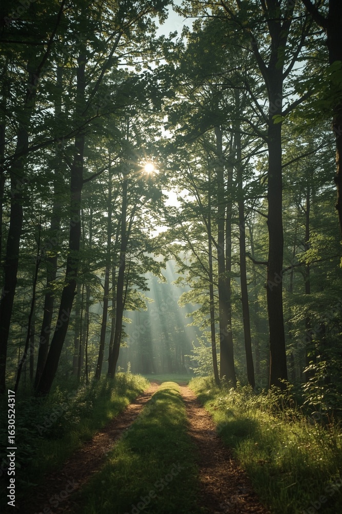 Fototapeta premium Sunlit Forest Path in Morning Fog (AI Generated)