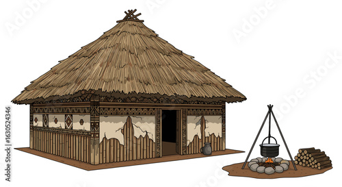 Illustration of a traditional thatched-roof hut with a cooking fire outside, depicting a simple, rural dwelling.
