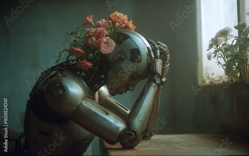  A cinematic still of an AI robot with flowers in her hair, sitting on the floor with her head down in deep sadness,