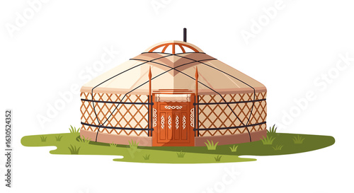 A stylized illustration of a traditional Mongolian yurt, situated on a grassy plain.