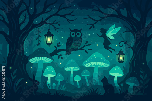 Enchanted forest at night featuring glowing mushrooms, an owl, and a fairy hovering near lanterns