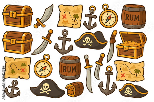Treasure hunting adventure with maps, swords, compasses, and pirate-themed decorations